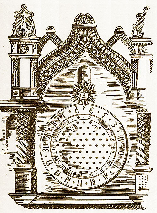 Проект циферблата (слева) и вариант размещения (справа) Кремлевских часов Христофора Галовея (XVII век)